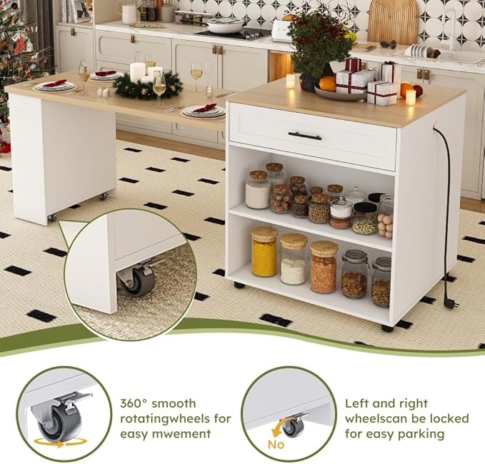80-inch Expandable Kitchen Island with Dining Table, Marble-Grain Countertop with Power Outlet, Mobile Storage Cart with Cabinet & 2 Drawers, Kitchen Prep Table (White + MDF)