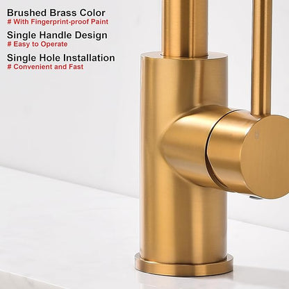 Brass Bar Faucet Single Hole, Brushed Brass Kitchen Sink Faucets, Single Handle Brush Gold Modern Wet Bar Sink Faucets, Stainless Steel Mixer Basin Taps, WI608BTG