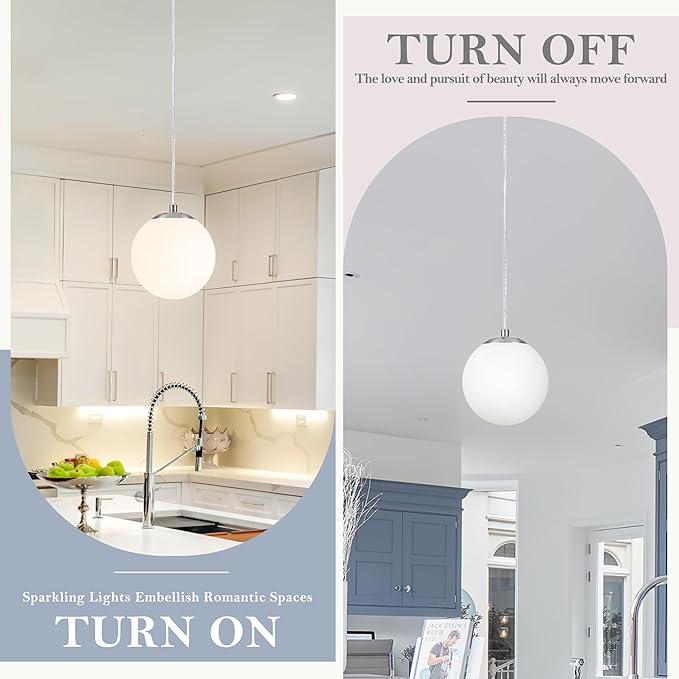 KoKo&Yukina 6 Inch Globe Pendant Light Nickel Globe Pendant Lights Kitchen Island Mid Century Light Fixture with Milky White Glass Shade for Dining Room (2 Pack)