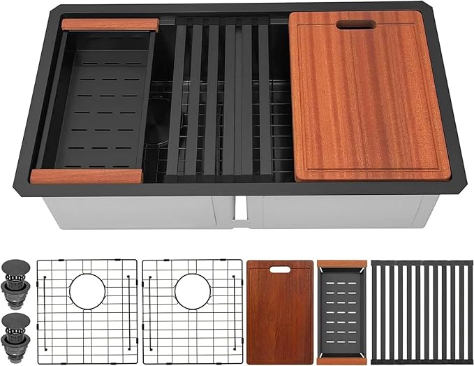 Double Bowl Kitchen Sink 30" X 18",Black Undermount Kitchen Sink,16 Gauge Stainless Steel Undermount Double Sinks with Workstation