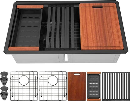 Double Bowl Kitchen Sink 30" X 18",Black Undermount Kitchen Sink,16 Gauge Stainless Steel Undermount Double Sinks with Workstation