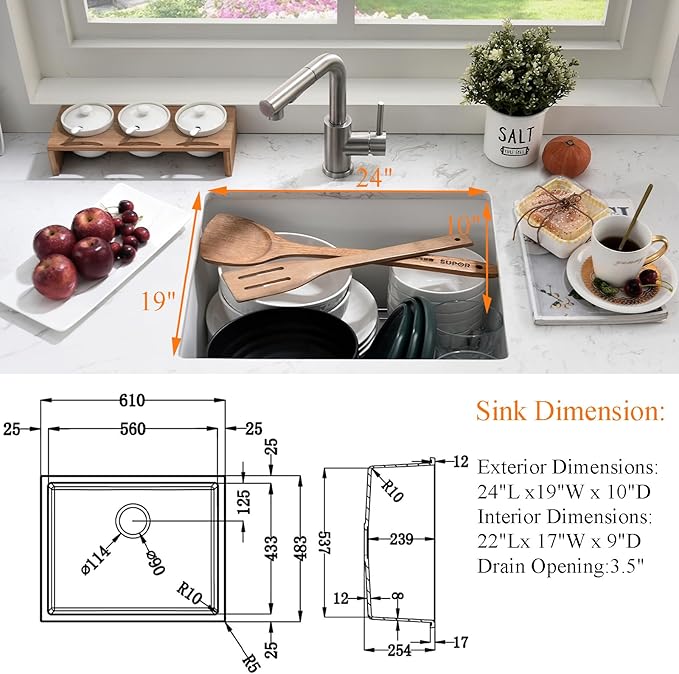 24 Inch White Kitchen Sink Undermount-Bokaiya 24x19 Small Kitchen Sink White Quartz Wet Bar Sink with Faucet Outdoor RV Single Bowl Kitchen Sink