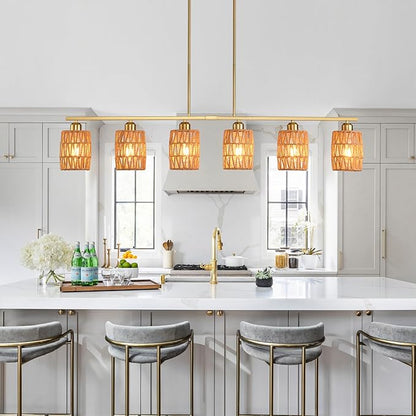 Rattan pendant lights for kitchen island,6-Light Boho Coastal Chandelier Gold,Bohemian Rustic Pendant Light Fixture for Dining Room,Height Adjustable,Farmhouse Woven Hanging Lights Over Table.