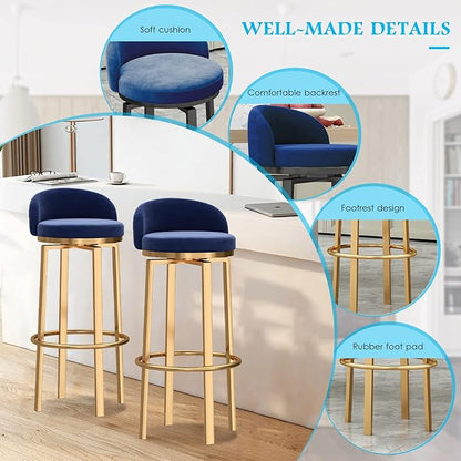 Swivel Stools Gold Metal Leg Height stools with Back High Dining Chairs for Home Kitchen Island-Grey 2 Pcs-25.6in Sitting (Blue 1 Pcs)