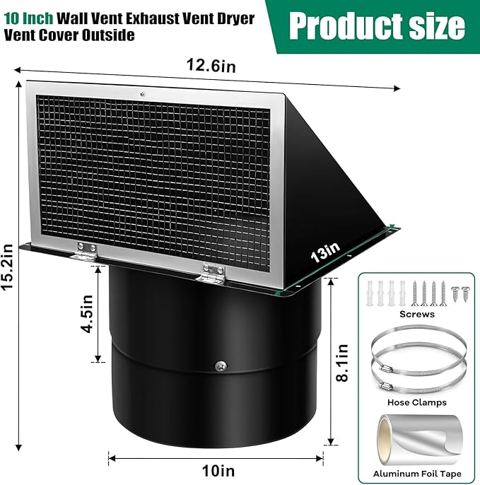 Black 10 Inch Hooded Wall Vent with Screen and Damper Exterior Exhaust Vent Cover Cap