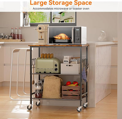 NTE Rolling Kitchen Microwave Cart, 3 Tier Microwave Stand with Storage, Small Kitchen Island on Wheels, Kitchen Storage Cart with 6 Hooks for Kitchen, Coffee Bar, Living Room, Balcony