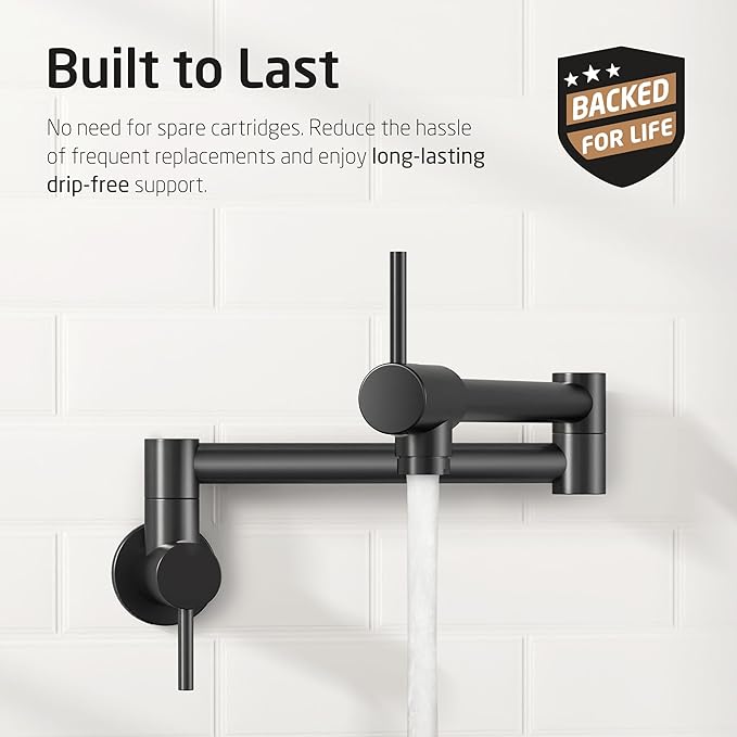KES Pot Filler Folding Kitchen Faucet Double Joint Swing Arm Sink Faucet Articulating Wall Mount Two Handle Single Hole, Matte Black, cUPC NSF Certified Lead-Free, KN926LFF18-BK