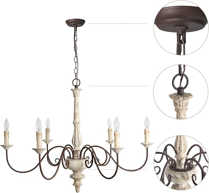 LALUZ Farmhouse Chandelier, French Country Chandelier for Dining Room, White Distressed Wood, 37” L x 28” H