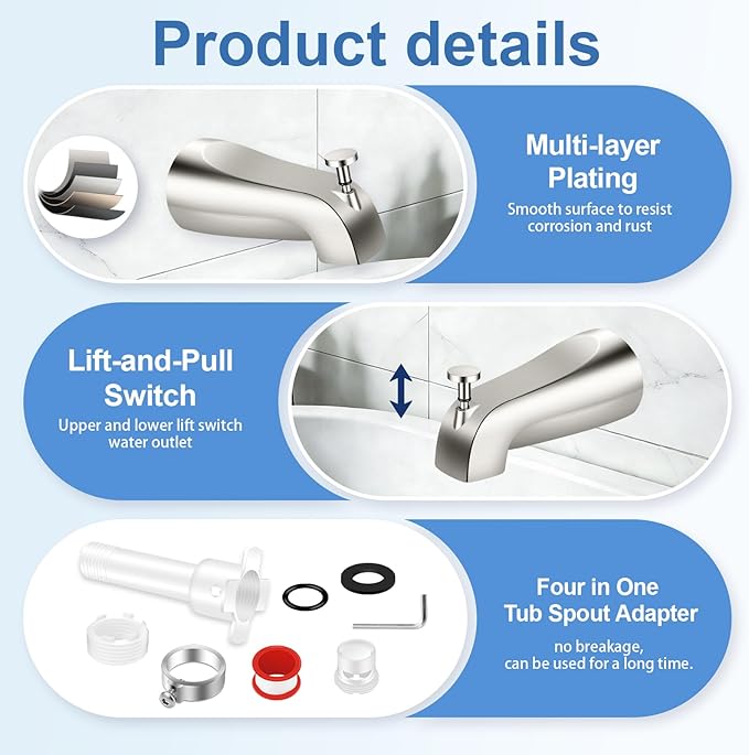 Universal Tub Spout with Diverter, Fits 1/2" Slip on Copper Pipe and 1/2" IPS & 3/4" IPS Threaded, Bathroom Tub Faucet Replacement, Bathtub Spout with Adapter and Hex Wrench (Brushed Nickel)