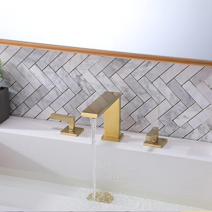VCCUCINE 8 Inch Gold Bathroom Faucet, Modern Commercial 2 Handle 3 Holes Brushed Gold Widespread Bathroom Brass Lavatory Vanity Sink Faucet with Water Supply Lines