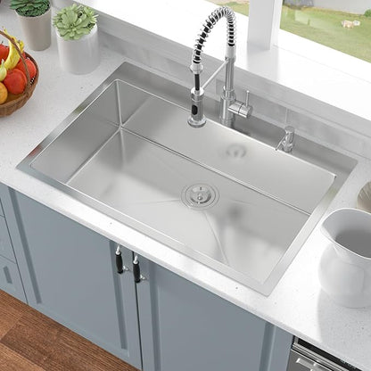 33 Inch Drop In Kitchen Sink - 33x22 Drop In Sink Stainless Steel 18 Gauge Single Bowl Topmount Handmade Sinks Kitchen Sinks Above the Counter, 9" Deep