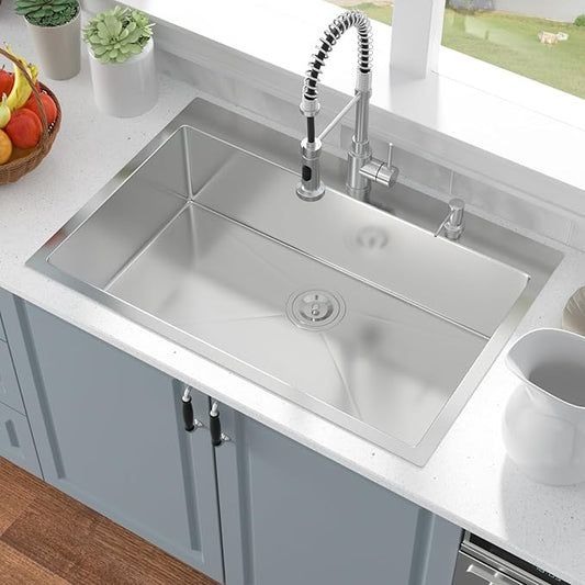 33 Inch Drop In Kitchen Sink - 33x22 Drop In Sink Stainless Steel 18 Gauge Single Bowl Topmount Handmade Sinks Kitchen Sinks Above the Counter, 9" Deep