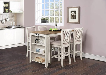 New Classic Furniture Amy Farmhouse Kitchen Counter Island Dining Table for 4 with Storage Shelf & USB Chargers, 60-Inch, Two Tone Vintage White/Brown