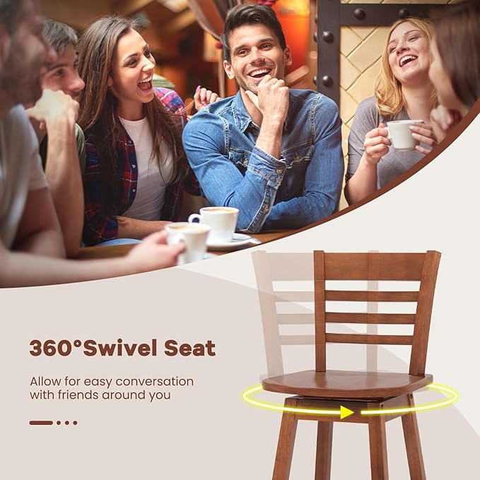 Giantex Wood Bar Stools Set of 2, 24.5" Swivel Counter Height Bar Stools with Slatted Hollow Back & Ergonomic Contoured Seat, Footrest, Farmhouse Wooden Barstools for Kitchen Island, Bar, Cafe, Walnut
