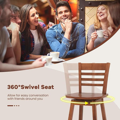 Giantex Wood Bar Stools Set of 2, 24.5" Swivel Counter Height Bar Stools with Slatted Hollow Back & Ergonomic Contoured Seat, Footrest, Farmhouse Wooden Barstools for Kitchen Island, Bar, Cafe, Walnut