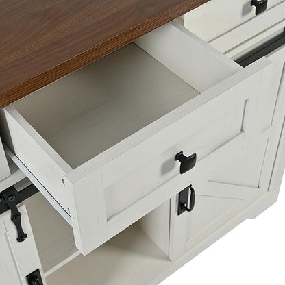 Bellemave 53.7" Farmhouse Kitchen Island cart with Charging Station, Rolling Kitchen Island Table with Drop-Leaf, 3 Drawers, Barn Doors, Large, White