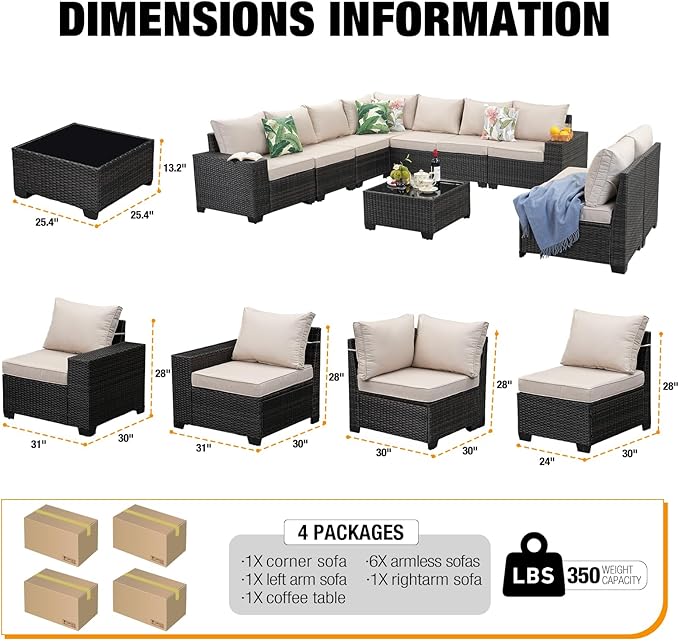 JOYURE 10 Pieces Patio Furniture Set All-Weather Outdoor Wicker Sectional Conversation Sofa Rattan Patio Seating Sofa with Cushion and Glass Table for Porch Poolside,Beige