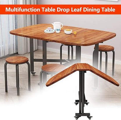 Folding Dining Room Table for 4/8 with 47.2in Extra Wide Space Saving Drop Leaf Table with Lockable Wheels, Heavy Duty Eco Solid Wood Top 220lb, Solid Wooden Foldable Kitchen Table, Easy Assembly(Brow