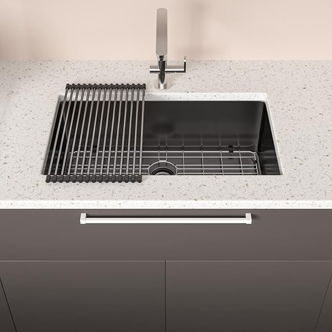Mocoloo 33 Black Undermount Kitchen Sink 33x19 Gunmetal Black 16 Gauge Stainless Steel Deep Round Corner Under Counter Single Bowl Kitchen Sinks Handmade Basin