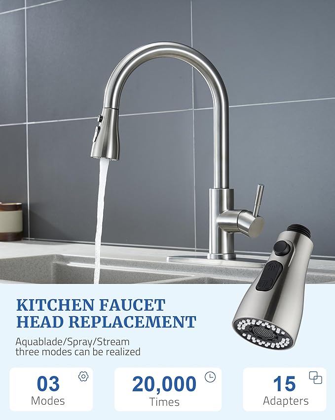 Metal Kitchen Faucet Head Replacement, Low-Lead Sprayer Head for Pull Down Sink Faucet, 15 Adapters 3-Mode Stainless Steel Spray Nozzle, Compatible with Delta, Moen, Kohler, Brushed Nickel