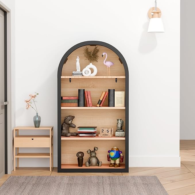 Ball & Cast 43" Tall Arched Storage Cabinet,Modern 4-Tier Wooden Display Cabinet with Open Shelves,Versatile Floor Bookcase Cabinet Organizer for Library,Living Room, Office, Black