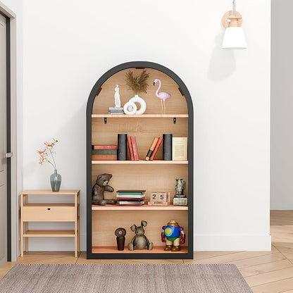 Ball & Cast 43" Tall Arched Storage Cabinet,Modern 4-Tier Wooden Display Cabinet with Open Shelves,Versatile Floor Bookcase Cabinet Organizer for Library,Living Room, Office, Black