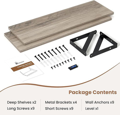 Axeman 24 Inch Floating Shelves | 8 Inch Deep Grey Wall Shelves Set of 2 | 24''W x 8''D Rustic Grey Wood Shelves for Bathroom Kitchen Living Room Bookshelf Home Office