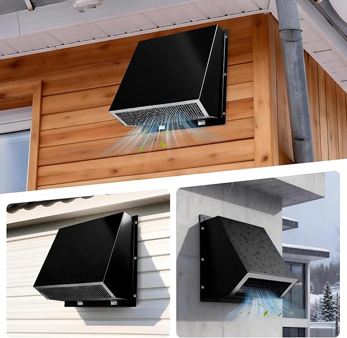 10 Inch Hooded Wall Vent with Screen and Damper, 10 Inch Range Hood Wall Vent Cap, Wall Exhaust Vent Cover, Outdoor Hooded Wall Vent for Dryer Vent, Outside Exterior Mount, Range Hood, Kitchen, Black
