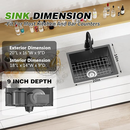 Black Kitchen And Bar Sink, 20x16 Inch Stainless Steel Undermount Modern Single Bowl Kitchen And Bar Sink Combo-SS Grid,Silicon Mat,Drain Strainer Set Compatibility With Various Kitchen&Bar Style
