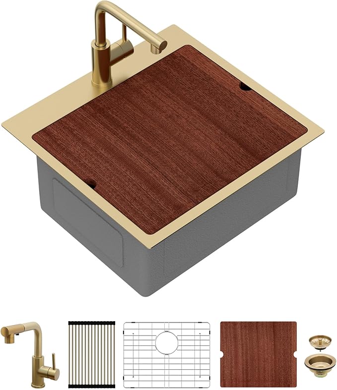 Sarlai 21 Gold Kitchen Sink with Faucet- 21x20 Inch Drop In Kitchen Sink Gold Ledge Workstation Sinks 16 Gauge Stainless Steel Single Bowl Topmount Sinks with Pull-out Faucet