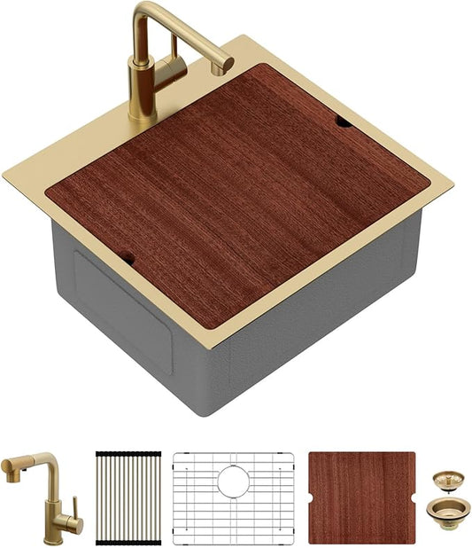 Sarlai 21 Gold Kitchen Sink with Faucet- 21x20 Inch Drop In Kitchen Sink Gold Ledge Workstation Sinks 16 Gauge Stainless Steel Single Bowl Topmount Sinks with Pull-out Faucet