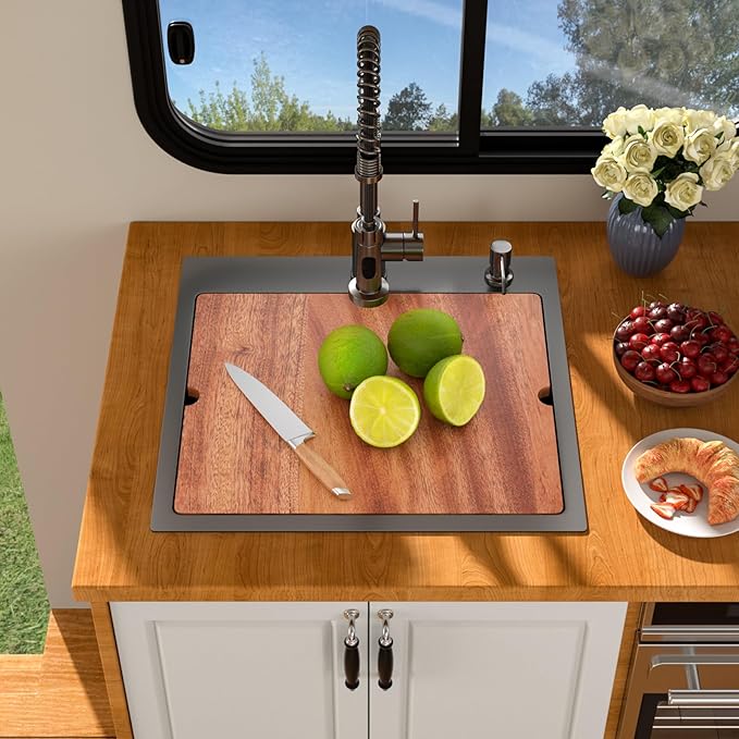 21 Inch Drop In RV Bar Sink - Beslend 21x20 Gunmetal Black Topmount Sink for RV Camper, Black Stainless Steel Wet Bar Workstation with Cutting Board, Roll-up Rack, Drain Assembly & Rinse Grid