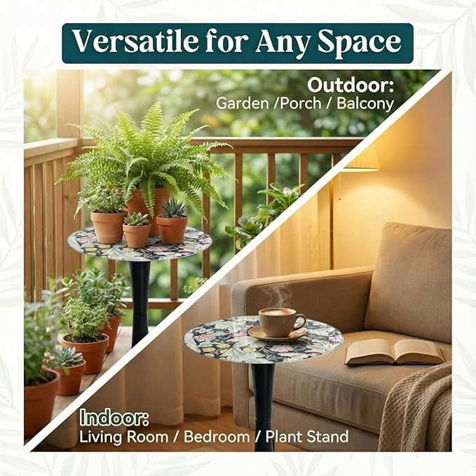 Simmer Stone 13.4" Outdoor Side Table, Round Patio Bistro Table Printed Tempered Glass Top, Waterproof Rust-Proof Base, Small Plant Stand for Balcony, Garden, Deck, 21.6" H (Morris Green)