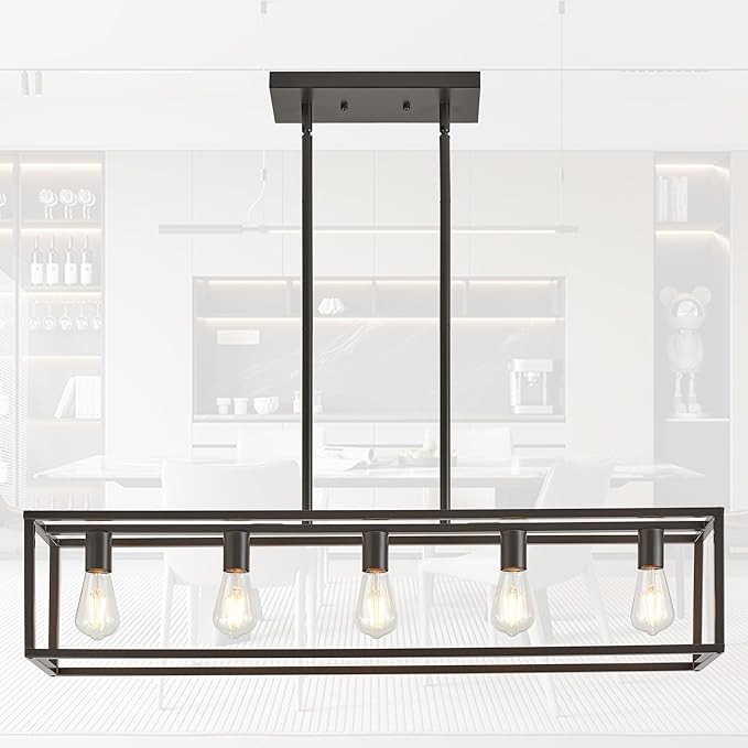 Kitchen Light Fixtures Farmhouse Rectangle Chandeliers Dining Room Light for Dining Rooms, Light Fixture Matte Oil Rubbed Bronze 5-Light Industrial Pendant Lighting