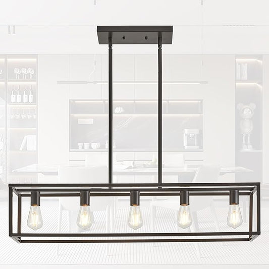 Kitchen Light Fixtures Farmhouse Rectangle Chandeliers Dining Room Light for Dining Rooms, Light Fixture Matte Oil Rubbed Bronze 5-Light Industrial Pendant Lighting