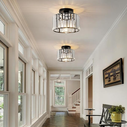 9 Inch Black Crystal Ceiling Light Fixture - Modern Semi-Flush Mount Chandelier with Premium Crystals for Entryway, Dining Room, Bedroom, Kitchen