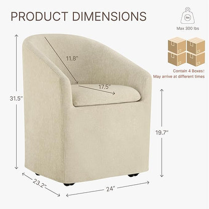 KISLOT Upholstered Dining Chairs Set of 4 with Casters, Modern Side Barrel Armchair with Washable Slipcover & Sturdy Metal Frame for Diningroom Bedroom Livingroom Reading Room, Sand Fabric