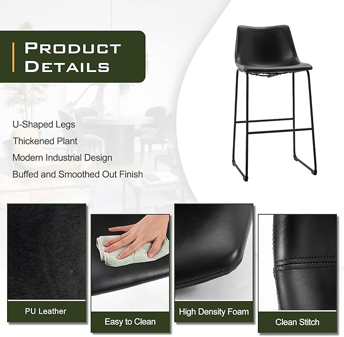 NicBex Retro Bar Stools Crazy-Horse Leather with Metal Legs Barstools, Lounge Kitchen Island Bar Stools, Set of 2, (Black Color) (A-GE17022-USSU014)