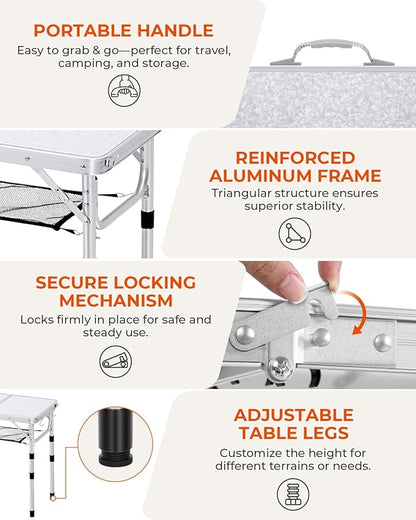 Sportneer Camping Table: Adjustable Height Small Folding Table 23.6" L x 15.7" W 4 Height with Mesh Layer - Compact & Portable Camping Essentials for Outdoor Camp Garden Picnic BBQ Dining Cooking
