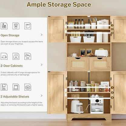 TEENFON 57.8" H Tall Storage Cabinet with 2 Drawers & 2 Adjustable Shelves, Rattan Cabinets with 4 Doors, Cupboard, Kitchen Cabinets, Pantry Cabinet, Tall Cabinet for Living Room, Entryway, Natural