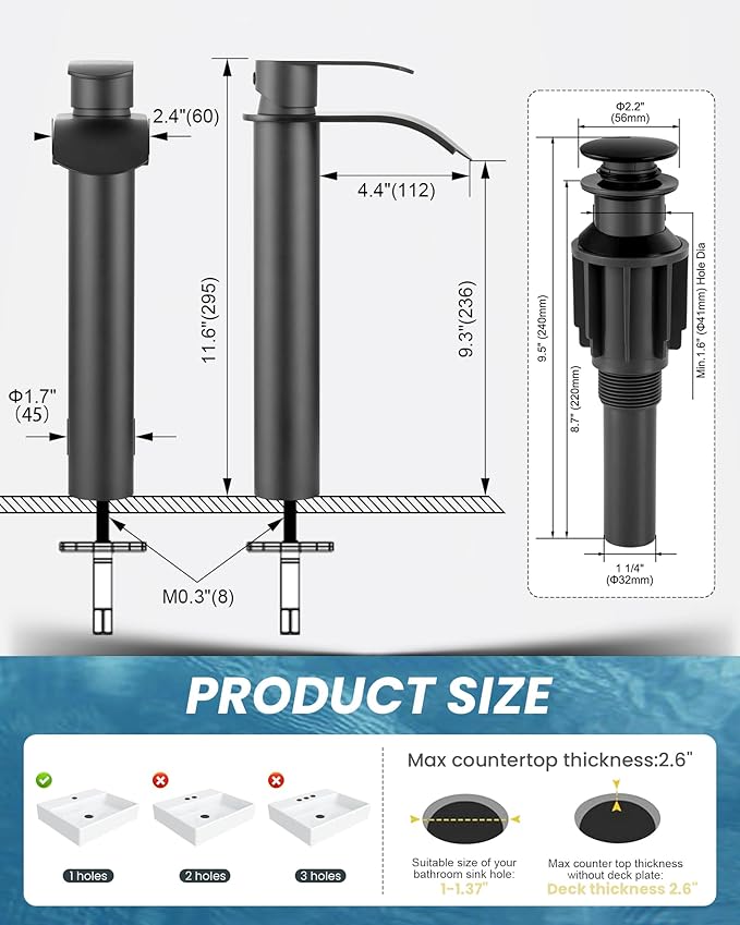 Vessel Sink Faucet Black for Bathroom：WOWOW Single Handle Tall Bathroom Faucet - Waterfall Single Hole Mixer Bar Tap with Large Rectangular Spout, Deck Mount Lavatory Vanity with Pop Up Drain