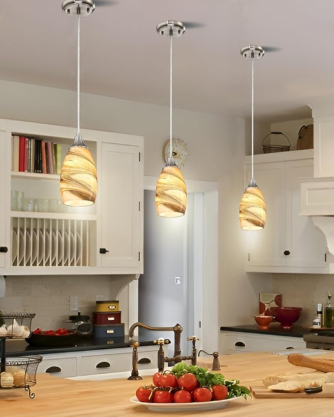karyfine Mini Pendant Lights Kitchen Island Light Brown Glass Lamp Shade Hand Blown Glass Pendant Light with Brush Nickel Finish Adjustable Cord for Kitchen Over Sink, Dining Room (Light Brown-1P)
