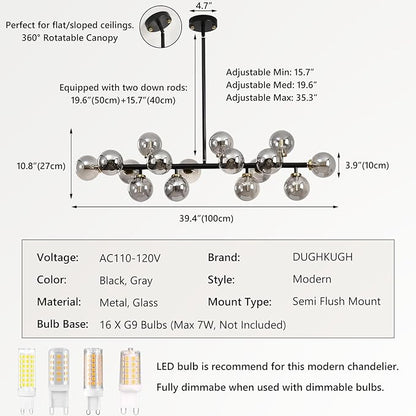 Mid Century Modern Chandelier, 39in 16-Lights Bubble Chandelier Glass Globe Pendant Light Linear Sputnik Chandeliers Light Fixtures for Dining Room, Kitchen Island