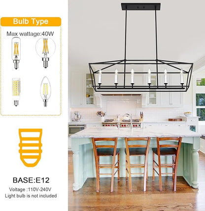 BONLICHT Modern Farmhouse Rectangle Dining Room Light Fixtures Black 6 Light Linear Chandelier Industrial White Kitchen Island Pendant Lighting Classic Ceiling Lights with Adjustable Rods, E12 Base