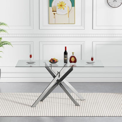 51.2'' Glass Dining Table for 4, Rectangular Dining Room Table for 4, X-Shape Silver Metal Legs, Kitchen Dining Room Living Room Glass Top Kitchen Table for 2