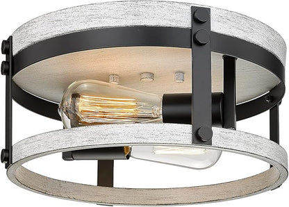 2-Light Farmhouse Ceiling Light, 12 inch Oak White Kitchen Flush Mount Ceiling Light, Round Rustic Light Fixtures with Wood Finish for Hallway Entryway, OS-3016WH