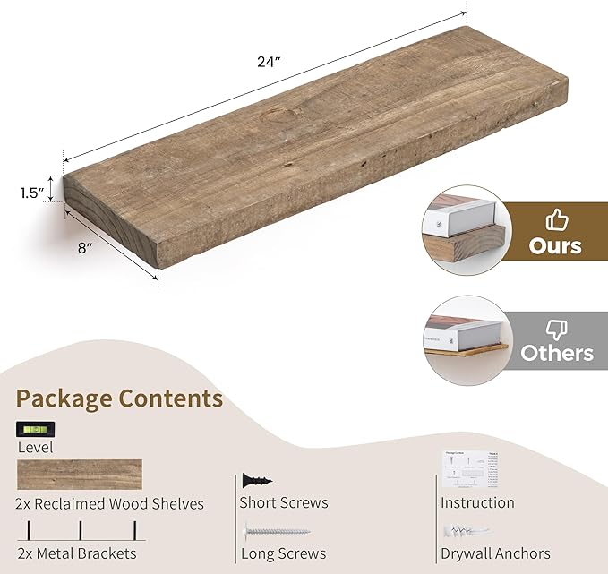 FLYJOE Floating Shelves, 8 Inch Deep Rustic Solid Reclaimed Wood Wall Shelves for Storage, Wall Mounted Display Shelving with Invisible Heavy-Duty Metal Bracket, 24 Inch Width Set of 2, Natural