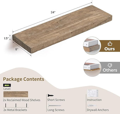 FLYJOE Floating Shelves, 8 Inch Deep Rustic Solid Reclaimed Wood Wall Shelves for Storage, Wall Mounted Display Shelving with Invisible Heavy-Duty Metal Bracket, 24 Inch Width Set of 2, Natural