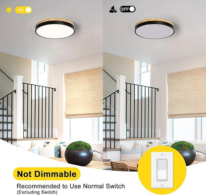 Modern Wood Black Flush Mount Ceiling Light, 11.81" Round LED Low Profile Close to Ceiling Fixture for Kitchen Bedroom Bathroom Laundry Hallway Entryway Closet Living Room