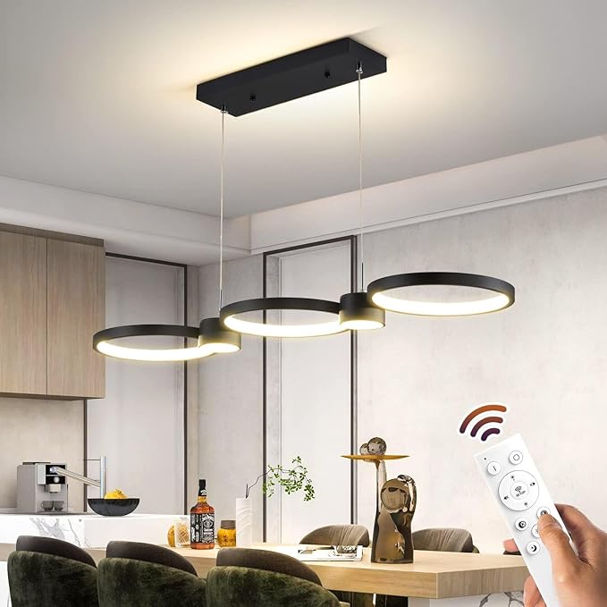 Modern LED Chandelier Light, 3000-6500K Dimmable Modern Pendant Light Fixture with Remote Control, Height-Adjustable Island Light Ceiling Hanging for Dining Room Kitchen (Black, 3Ring- 36IN)
